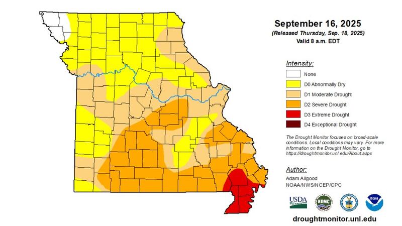 The U.S. Drought Monitor map for Missouri, last updated on Thursday, Sept. 18.