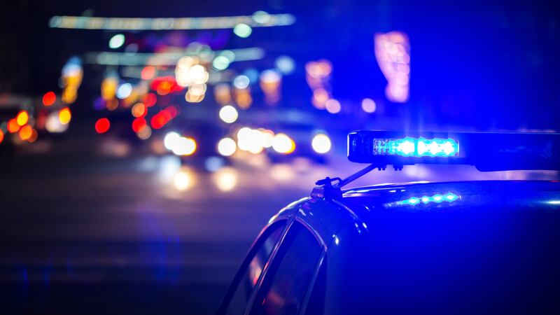 FILE - Night police car lights in city - close-up with selective focus and bokeh background blur
