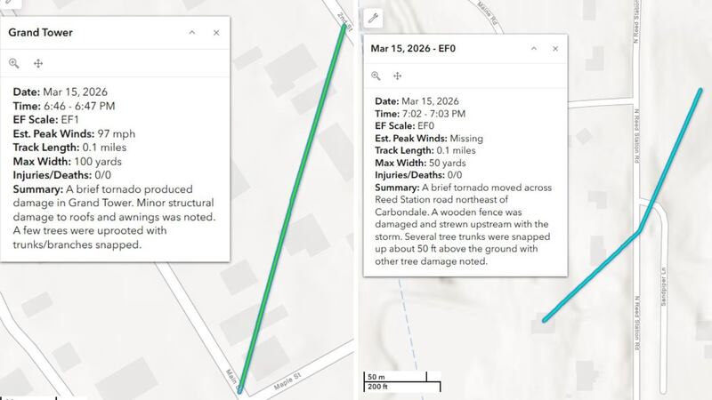 El Servicio Meteorológico Nacional (NWS) informa de que dos tornados causaron daños en el...