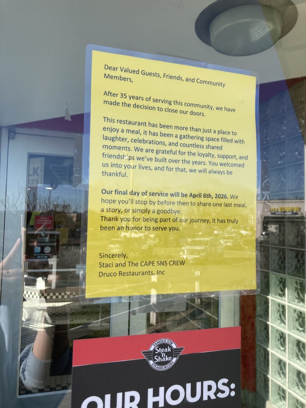 El Steak ‘n Shake de Cape Girardeau ha anunciado que cerrará sus puertas el lunes 6 de abril.